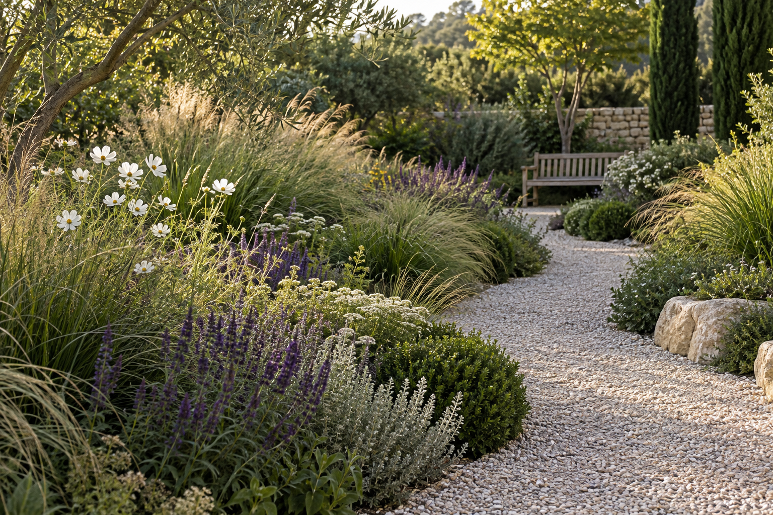 A gravel path through grasses and flowering garden borders